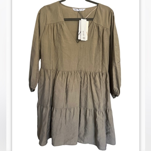 Zara V-neck Long Sleeve Tiered Boho Flowy Dress in Olive - Picture 1 of 5